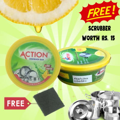 Action Dishwash Bar Lime fresh- 400gm (Free Scrubber Worth Rs. 15/- )